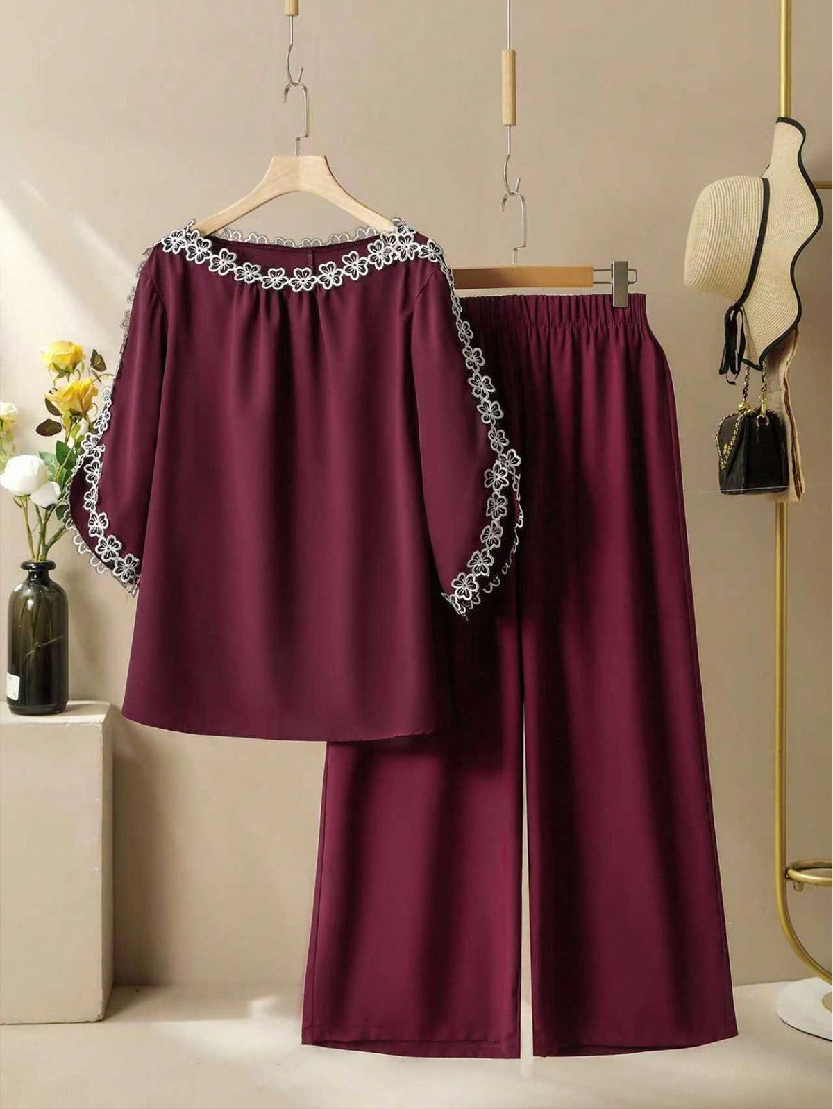 2pcs Plus Size Women Casual Comfy Fashion 3D Flower Decor Set