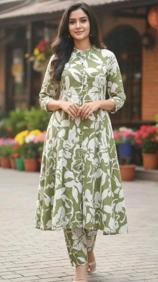 Olive Green Floral Kurti Set Outfit Idea for Office & Casual Wear