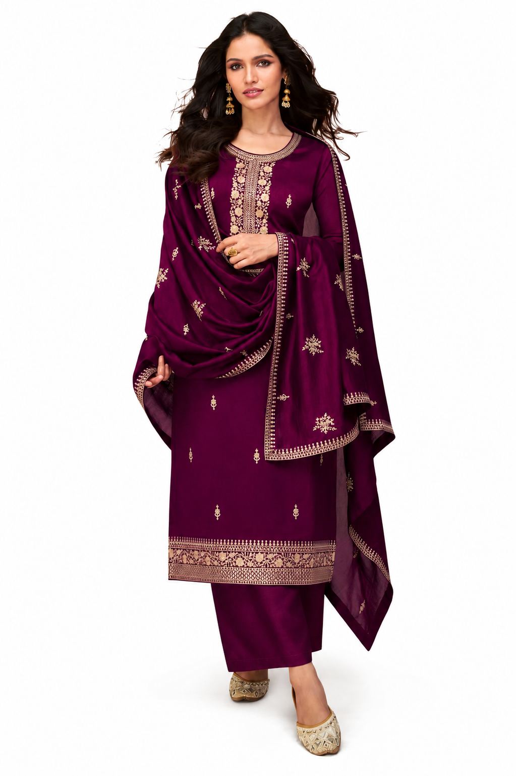 Wine Color Silk Fabric Alluring Embroidered