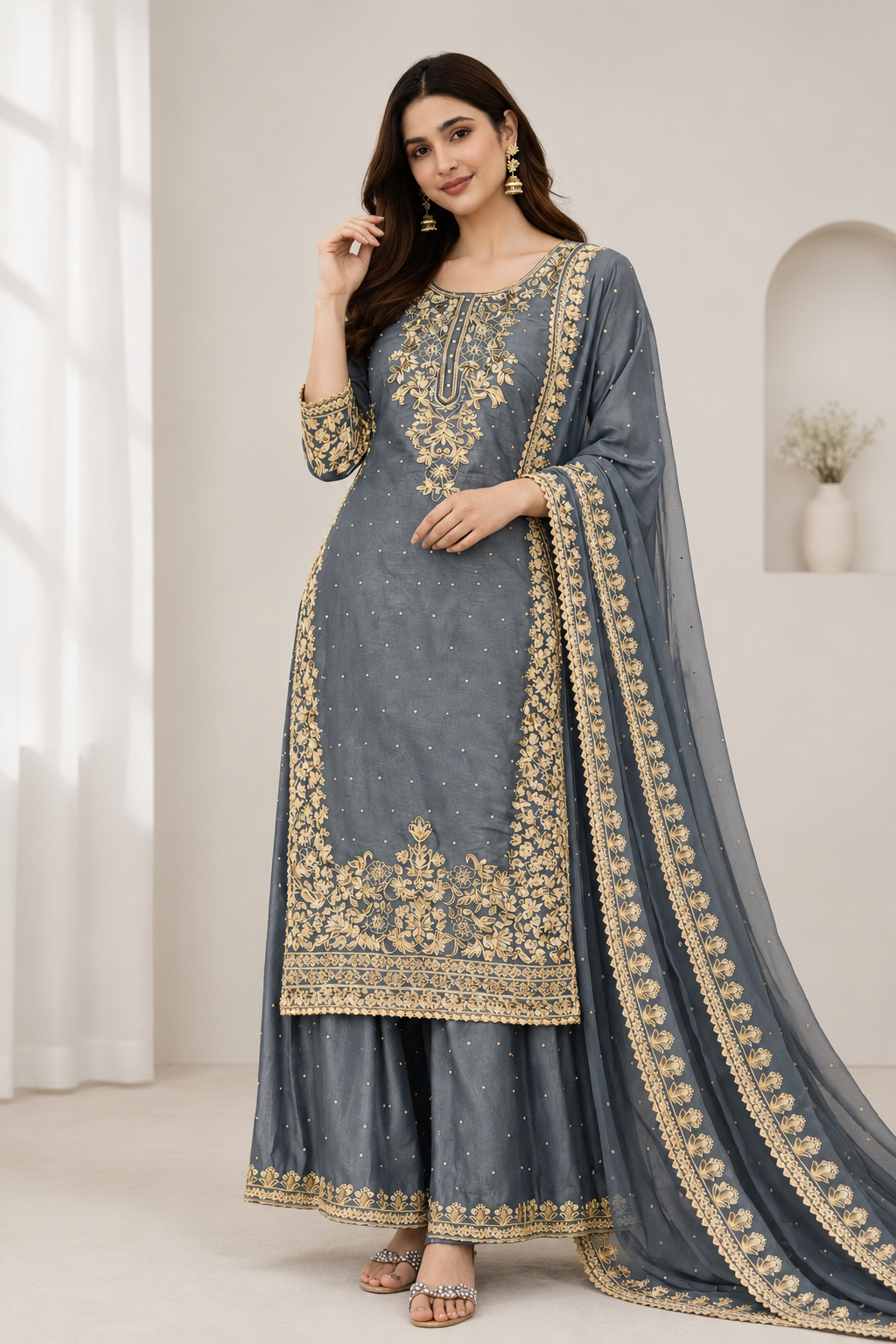 Embroidered Sequin Viscose Chanderi Salwar Kameez With Satin Dupatta Online in India