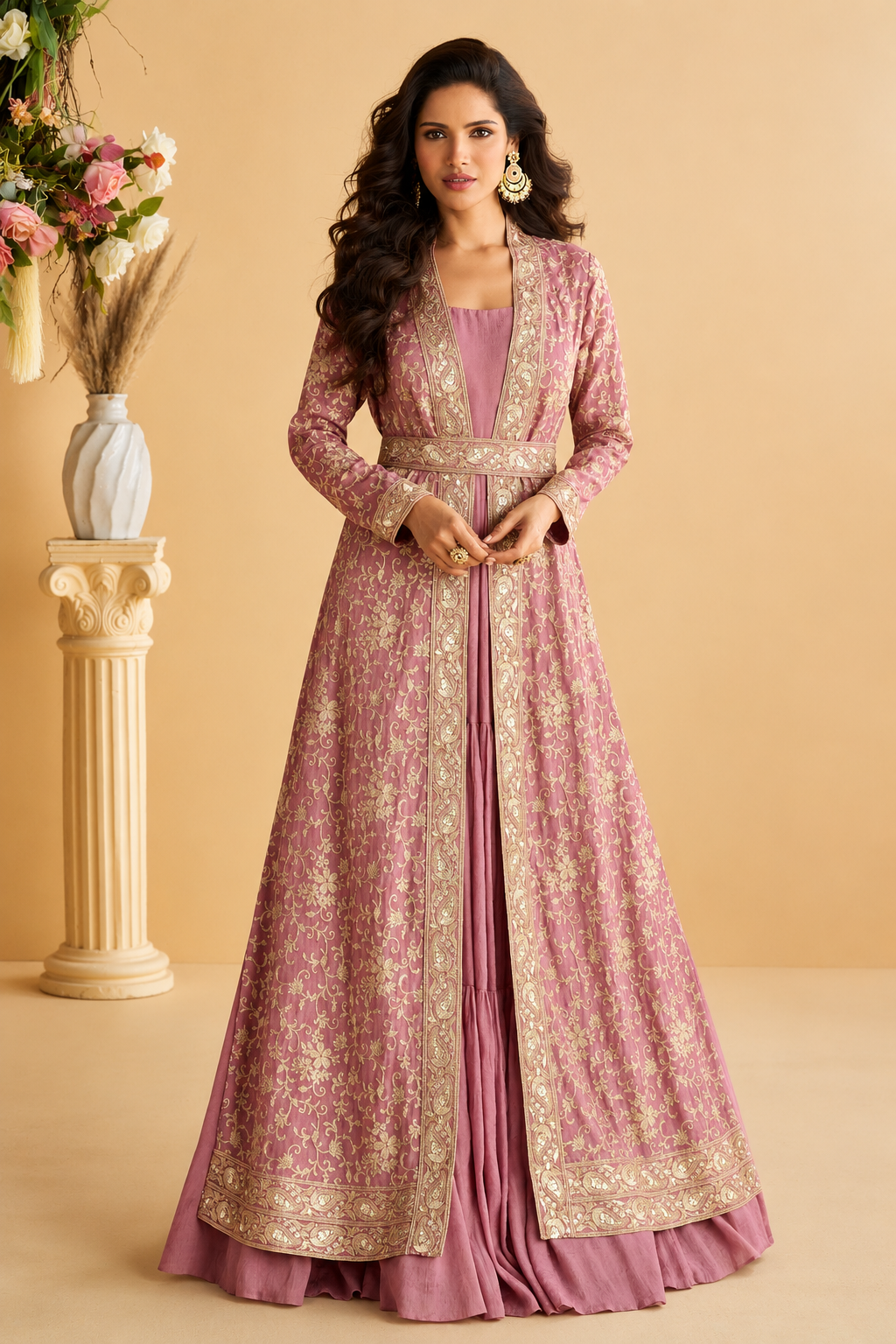 Gorgeous Pink Shrug Style Readymade Gown With Embroidered Work - PinK