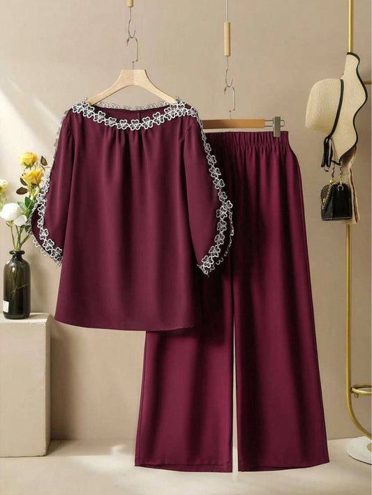 2pcs Plus Size Women Casual Comfy Fashion 3D Flower Decor Set